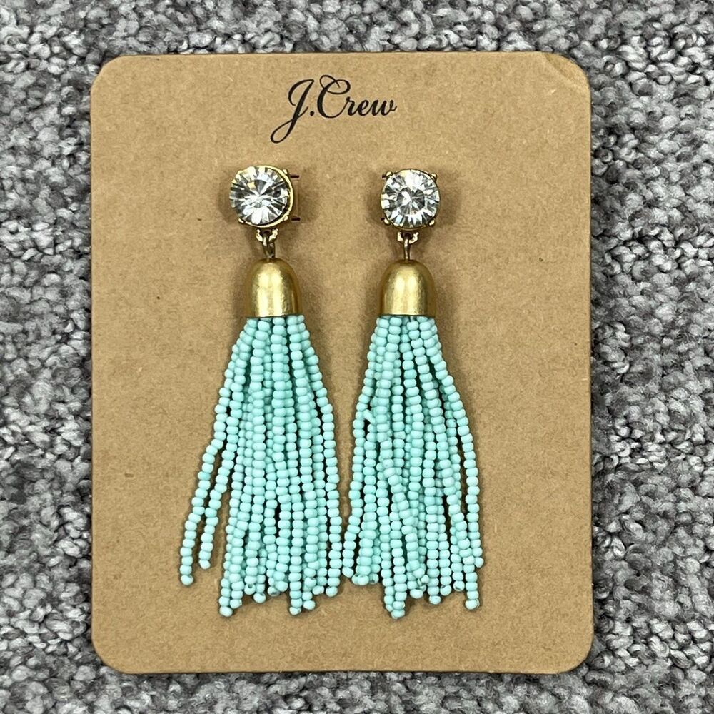 J Crew Earrings Blue Beaded Tassel Dangle Drop Gold Tone Crystal Jewelry Signed